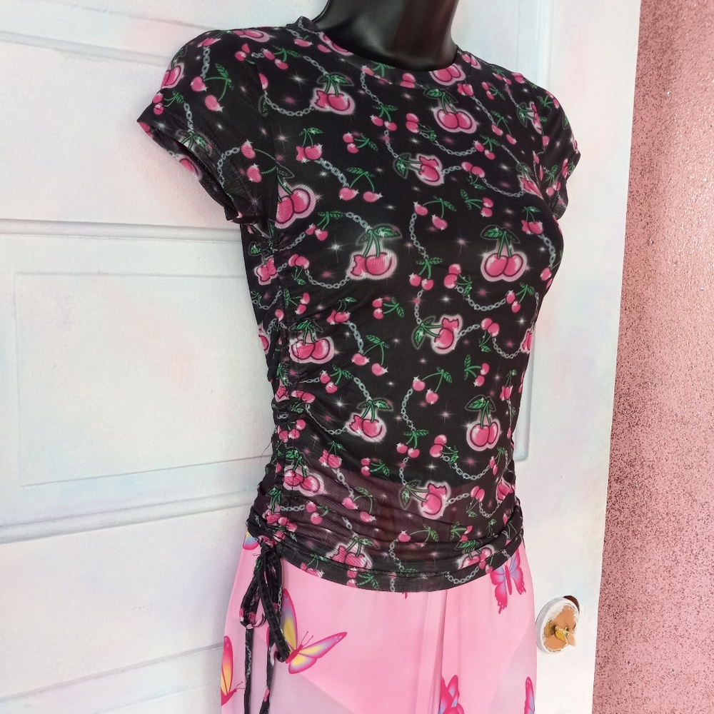 SOLD! Dolls Kill cherries ruched baby doll top! Sheer mesh kawaii cute nwt top! - Picture 10 of 13
